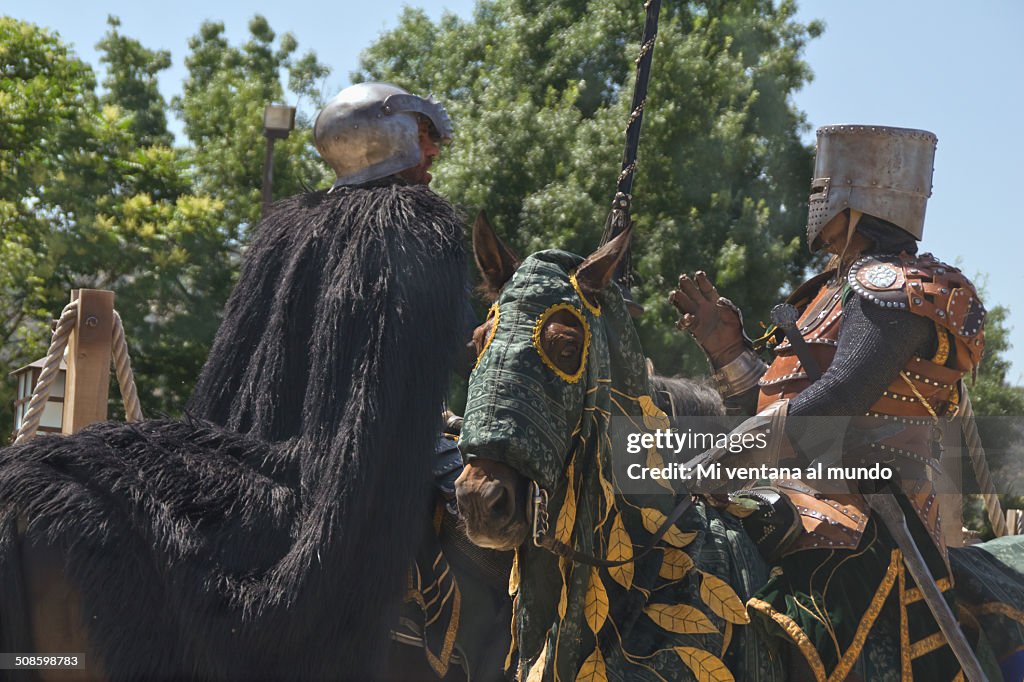 Two medieval knights on horseback