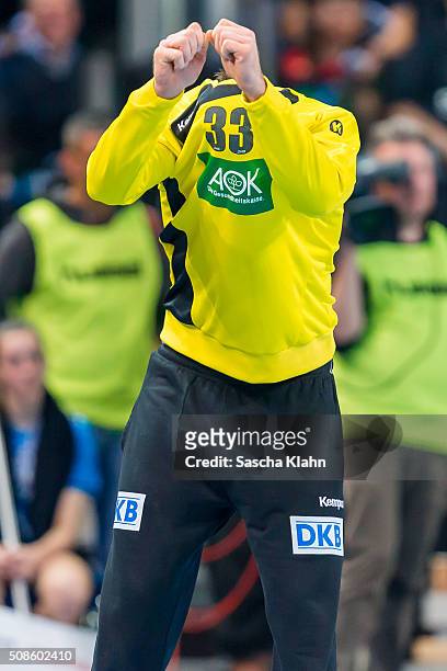 February 5: Goalkeeper Andreas Wolff of team Germany during the All Star Game 2016 at Arena Nuernberger Versicherungen on February 5, 2016 in...