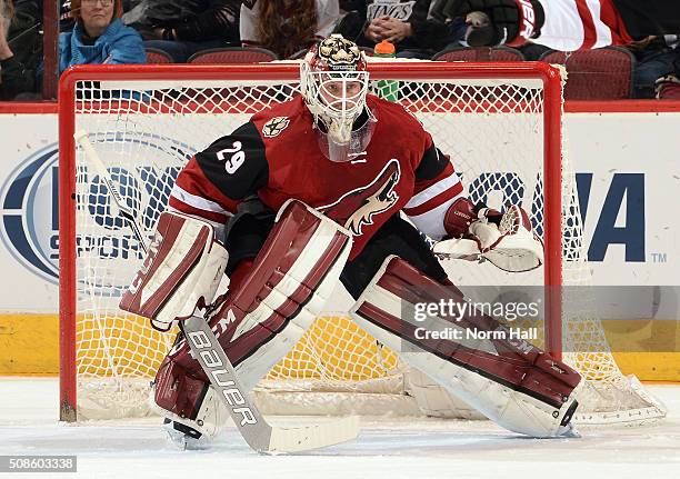 Anders Lindback of the Arizona Coyotes gets ready to make a save against the Los Angeles Kings at Gila River Arena on February 2, 2016 in Glendale,...