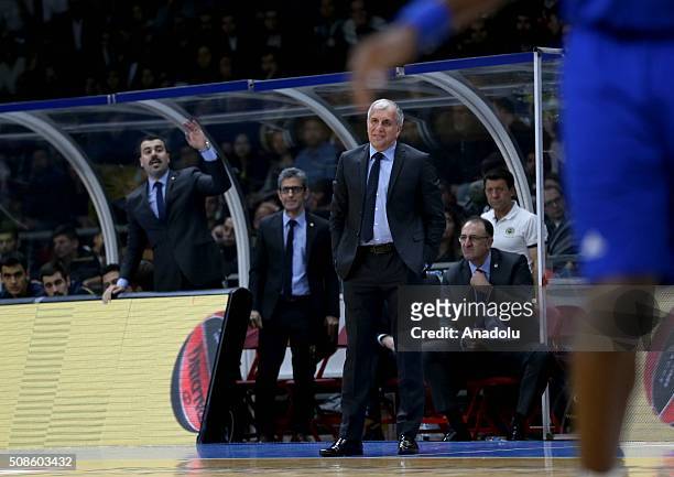 Head coach of Fenerbahce Zeljko Obradovic reacts during the Turkish Airlines Euroleague Basketball Top 16 Round 6 game between Anadolu Efes and...