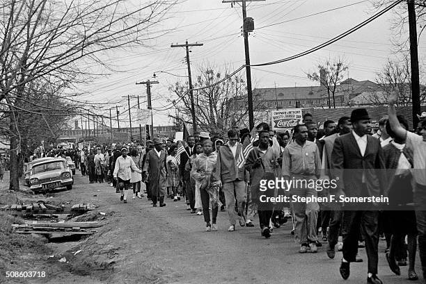 Marchers leave the grounds of the City of St. Jude school on their way to the state capital building during the Selma to Montgomery Civil Rights...