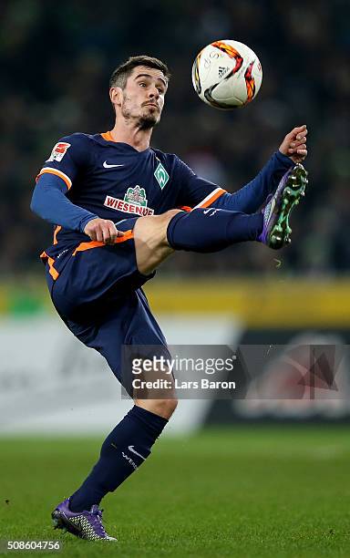Fin Bartels of Bremen stopps the ball during the Bundesliga match between Borussia Moenchengladbach and Werder Bremen at Borussia-Park on February 5,...