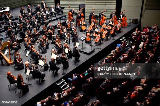 Musicians of the Ural Philharmonic Orchestra perform during the "Folle Journee de Nantes" classical music festival in Nantes, western France, on...