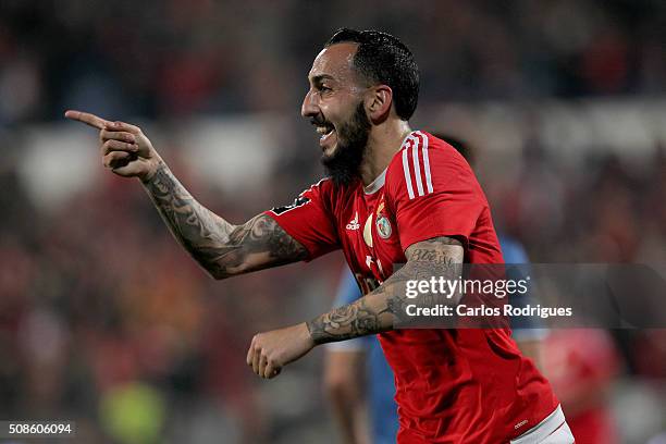 Benfica's forward Kostas Mitroglou celebrates scoring Benfica's goal during the match between Os Belenenses and SL Benfica at Estadio do Restelo on...