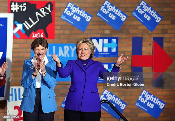 Senator Jeanne Shaheen applauds as democratic presidential candidate Hillary Clinton takes the stage at the Manchester Canvass Kick-Off with Women...