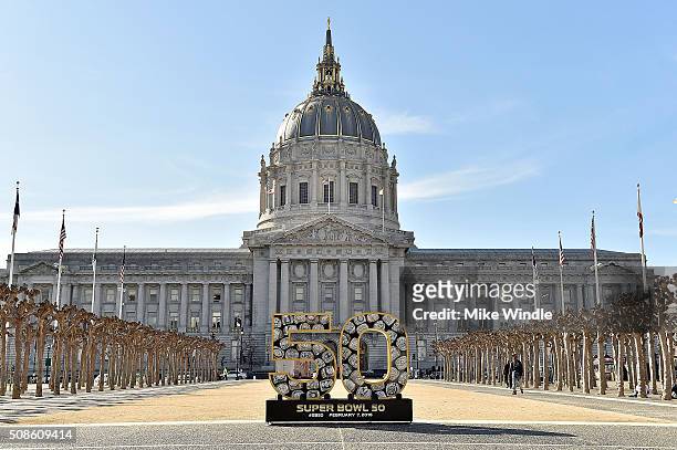 Super Bowl 50 signage is displayed at Civic Center Plaza in front of San Francisco City Hall on February 5, 2016 in San Francisco, California.