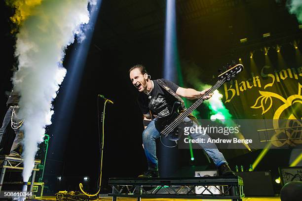 Jon Lawhon of Black Stone Cherry performs at First Direct Arena on February 5, 2016 in Leeds, England.