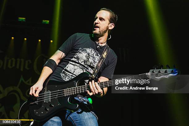 Jon Lawhon of Black Stone Cherry performs at First Direct Arena on February 5, 2016 in Leeds, England.