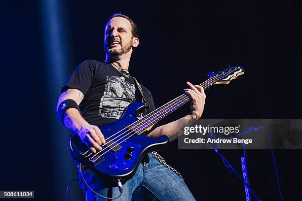 Jon Lawhon of Black Stone Cherry performs at First Direct Arena on February 5, 2016 in Leeds, England.