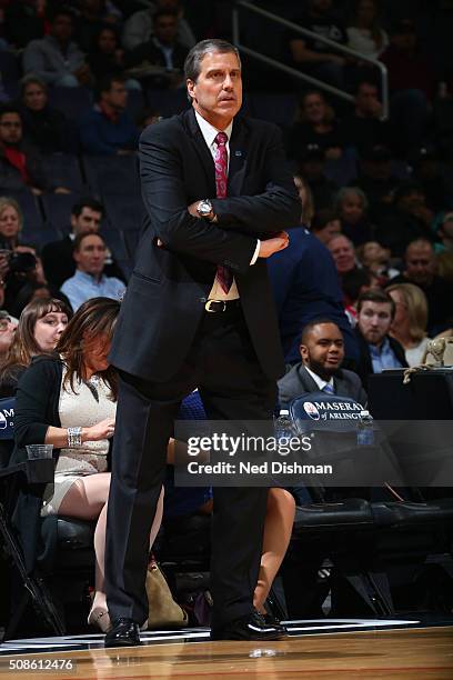 Head Coach Randy Wittman of the Washington Wizards looks on during the game against the Philadelphia 76ers on February 5, 2016 at Verizon Center in...
