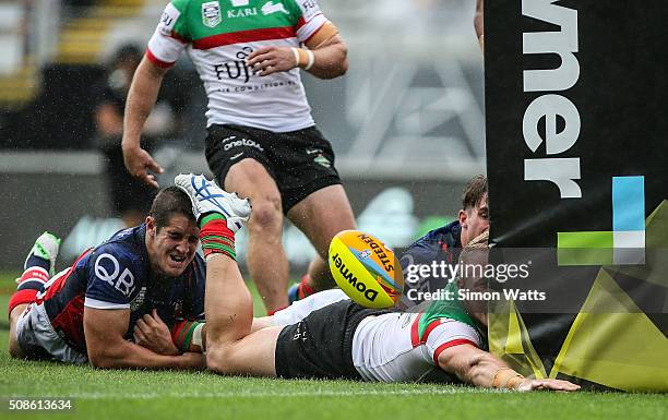 Jason Clark of the South Sydney Rabbitohs looses the ball on the try line during the 2016 Auckland Nines match between the Sydney Roosters and the...