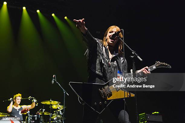 Lzzy Hale of Halestorm performs at First Direct Arena on February 5, 2016 in Leeds, England.