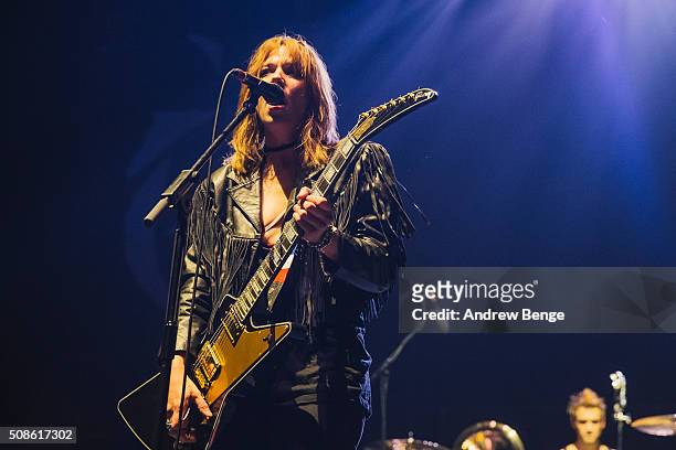 Lzzy Hale of Halestorm performs at First Direct Arena on February 5, 2016 in Leeds, England.