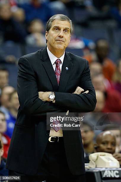 Head coach Randy Wittman of the Washington Wizards looks on in the first half against the Philadelphia 76ers at Verizon Center on February 5, 2016 in...