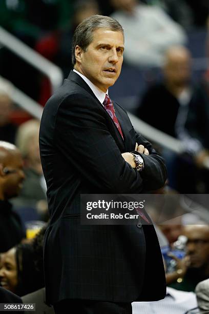 Head coach Randy Wittman of the Washington Wizards looks on in the first half against the Philadelphia 76ers at Verizon Center on February 5, 2016 in...