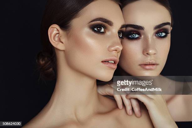 portrait of a fresh and lovely women - two girls brown hair stock pictures, royalty-free photos & images