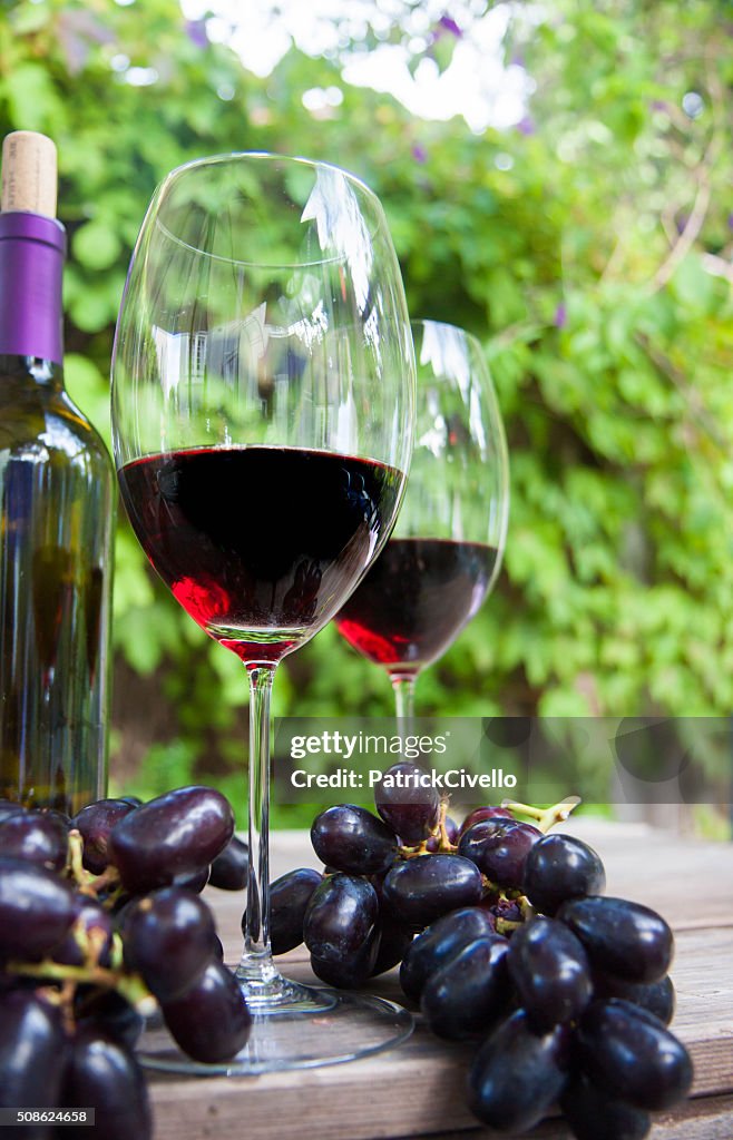 Two glasses red wine with bottle and grapes on table.
