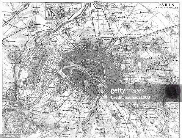 fortifications of paris map engraving - map paris stock illustrations