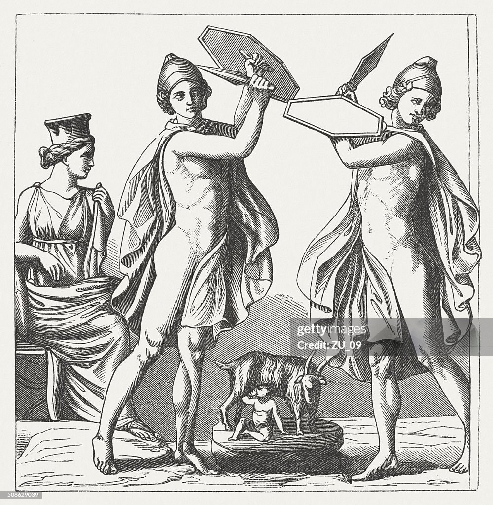 Rhea (left) and the Curetes with the infant Zeus