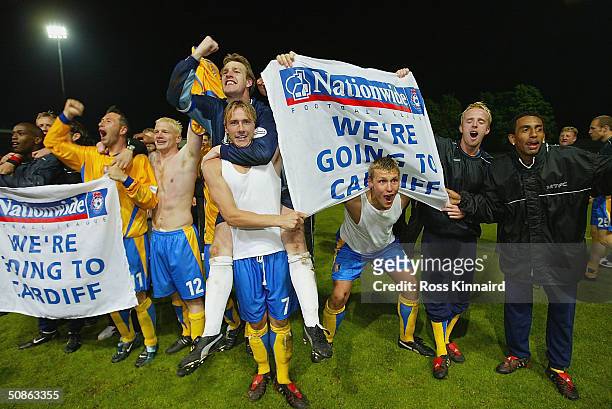The Mansfield team celebrates after the penalty shoot out of the Nationwide Division Three Play Off Semi Final, Second Leg between Mansfield Town and...