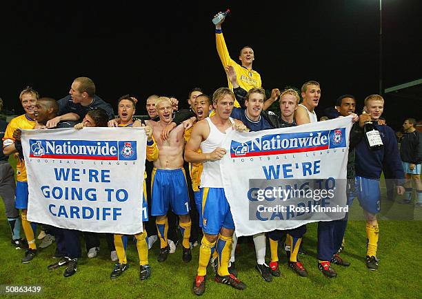 The Mansfield team celebrate after the penalty shoot out of the Nationwide Division Three Play Off Semi Final, Second Leg between Mansfield Town and...