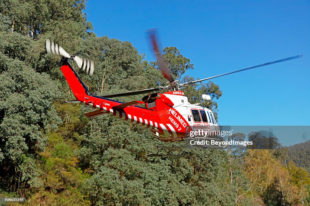 Real-life emergency medical evacuation by air ambulance helicopter