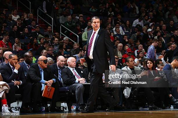 Head Coach Randy Wittman of the Washington Wizards looks on during the game against the Philadelphia 76ers on February 5, 2016 at Verizon Center in...