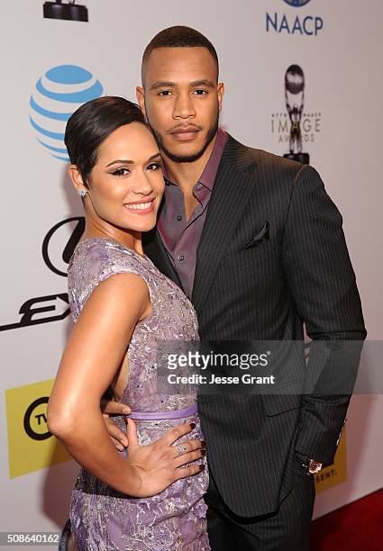 Actors Grace Gealey and Trai Byers attend the 47th NAACP Image Awards presented by TV One at Pasadena Civic Auditorium on February 5, 2016 in...
