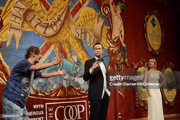 Joseph Gordon-Levitt performs in skits with Hasty Pudding Theatricals as he is honored with Hasty Pudding Man of the Year award February 5, 2016 in...
