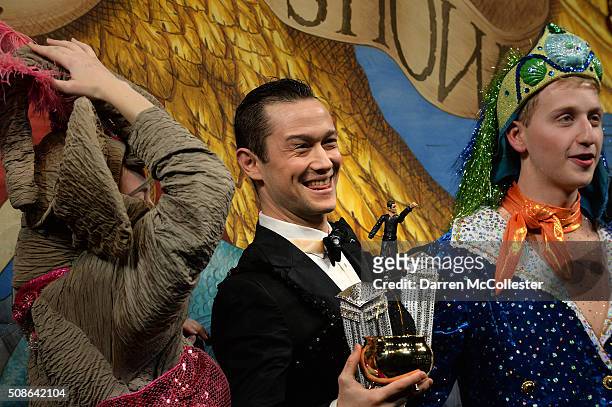 Joseph Gordon-Levitt performs in skits with Hasty Pudding Theatricals as he is honored with Hasty Pudding Man of the Year award February 5, 2016 in...