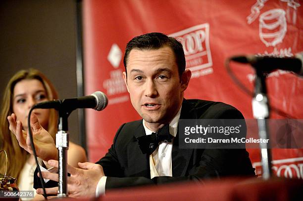 Joseph Gordon-Levitt attends a press conference after being honored with Hasty Pudding Man of the Year award February 5, 2016 in Cambridge,...