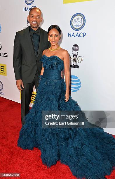 Actors Will Smith and Jada Pinkett Smith attend the 47th NAACP Image Awards presented by TV One at Pasadena Civic Auditorium on February 5, 2016 in...