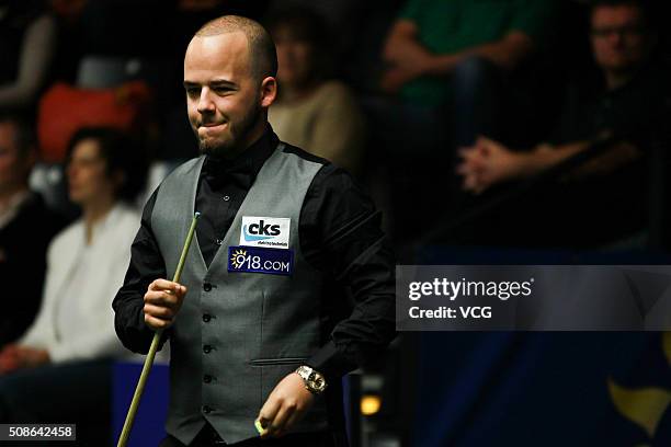 Luca Brecel of Belgium reacts during the second round match against Kurt Maflin of Norway on day three of German Masters 2016 at Tempodrom on...