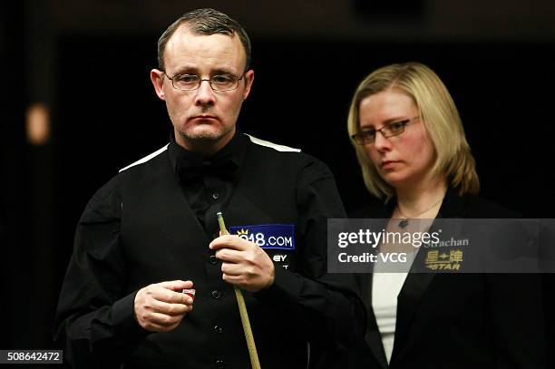 Martin Gould of England reacts during the quarter finals match against Judd Trump of England on day three of German Masters 2016 at Tempodrom on...