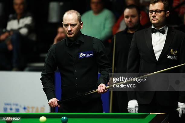 Graeme Dott of Scotland reacts during the quarter finals match against Stephen Maguire of Scotland on day three of German Masters 2016 at Tempodrom...