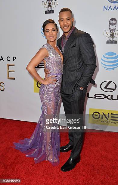 Actors Grace Gealey and Trai Byers attend the 47th NAACP Image Awards presented by TV One at Pasadena Civic Auditorium on February 5, 2016 in...