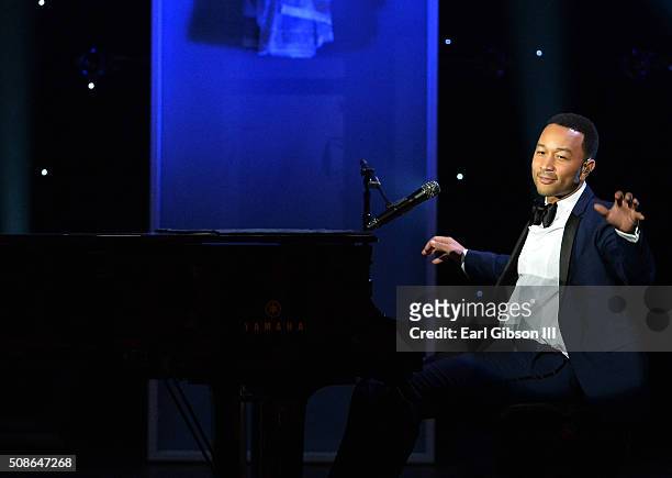 Singer John Legend performs onstage during the 47th NAACP Image Awards presented by TV One at Pasadena Civic Auditorium on February 5, 2016 in...