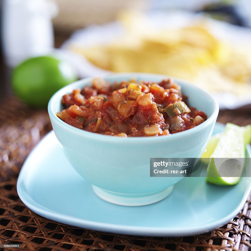 Mexican salsa in blue bowl