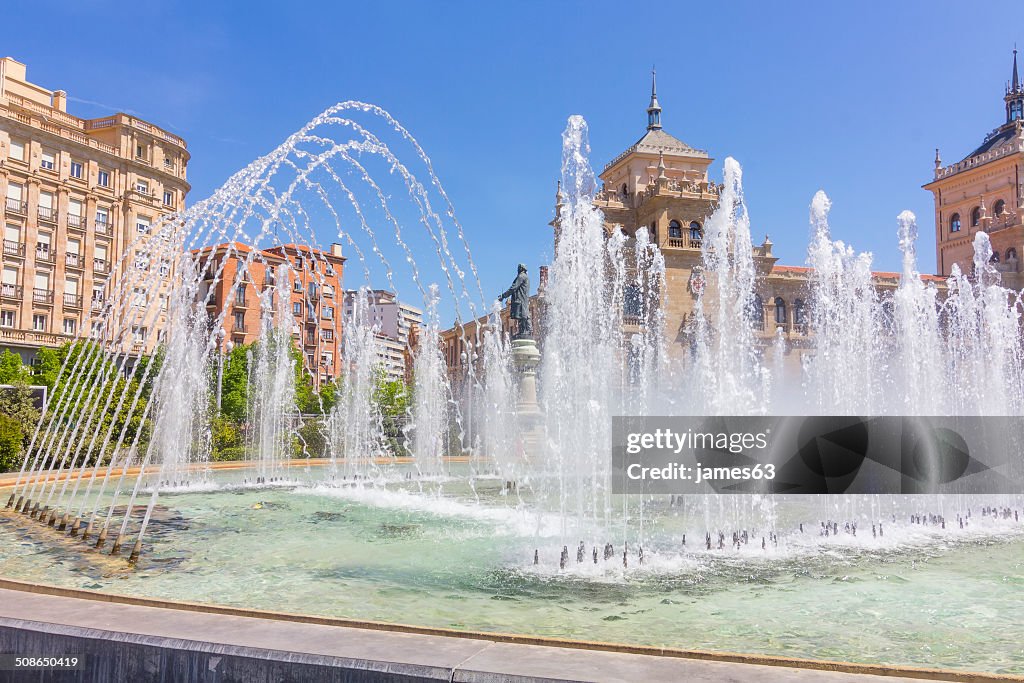 Modern fountain in the square Zorrilla in Valladolid, Spain