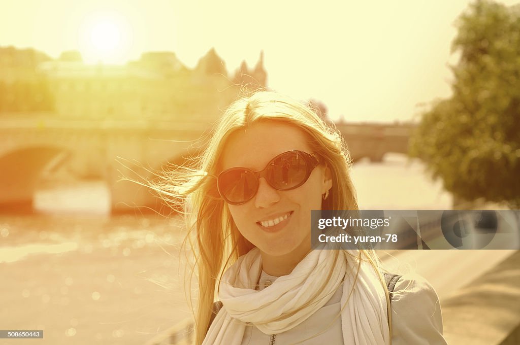 Happiness Woman on the street in Paris under sunlight