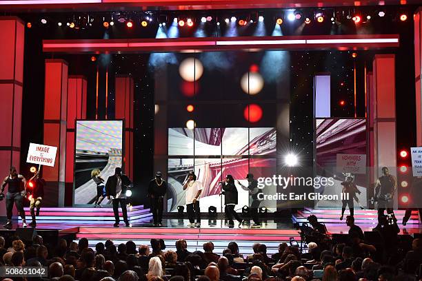 Host Anthony Anderson performs a tribute to NWA onstage during the 47th NAACP Image Awards presented by TV One at Pasadena Civic Auditorium on...