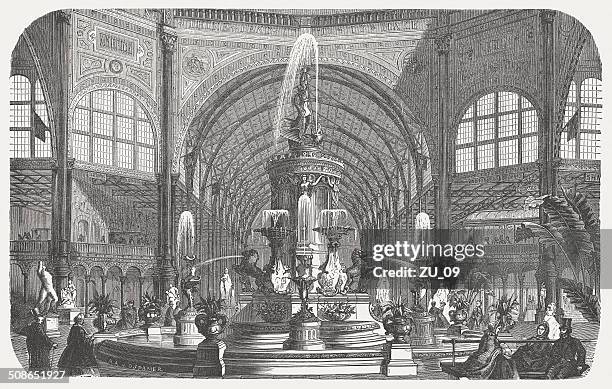 majolica fountain, crystal palace, world exhibition, london, 1862, published 1877 - messehalle stock illustrations