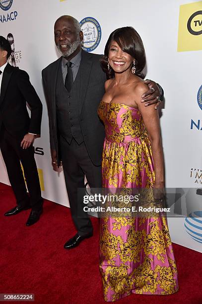 Actor Richard Roundtree and guest attend the 47th NAACP Image Awards presented by TV One at Pasadena Civic Auditorium on February 5, 2016 in...