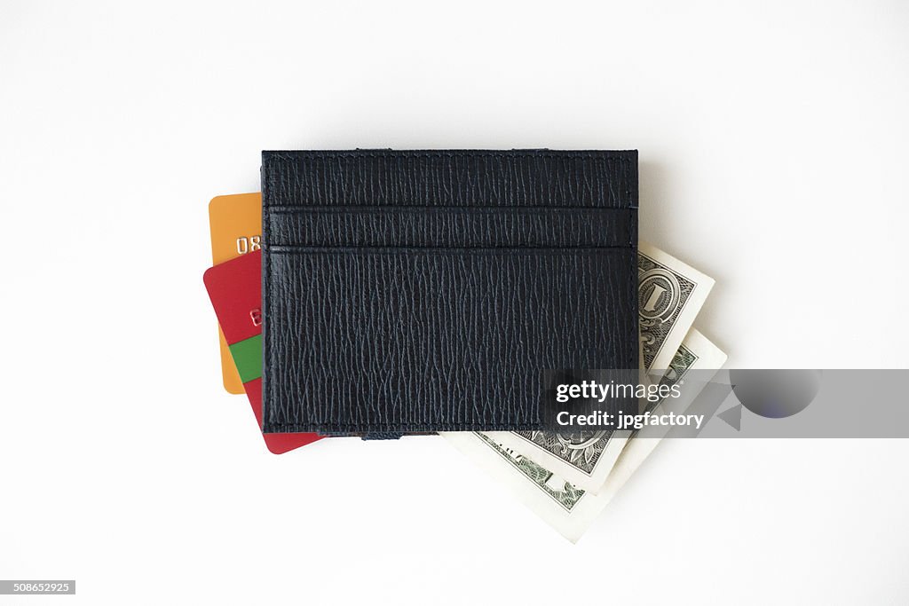 Leather credit card wallet with money