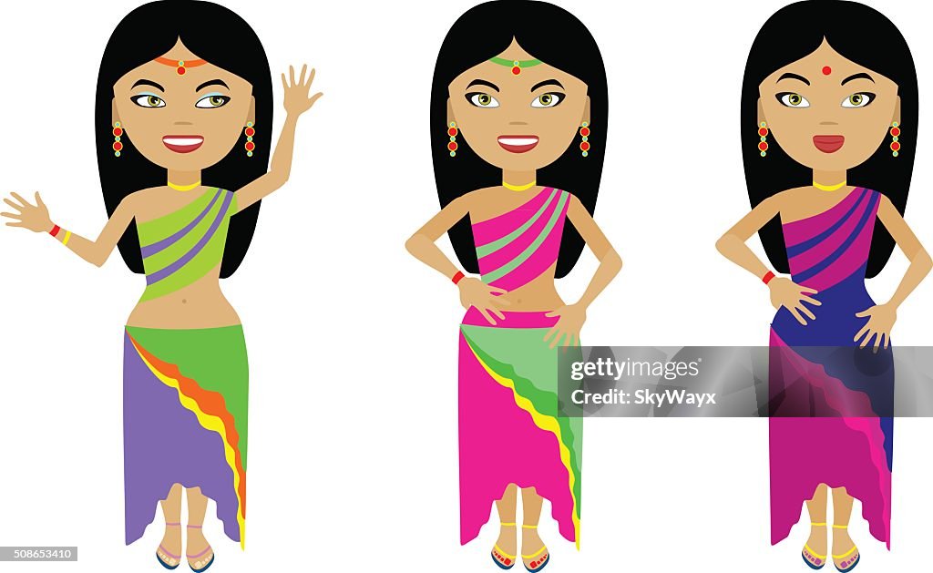 Set of three Indian girls in colorful clothes