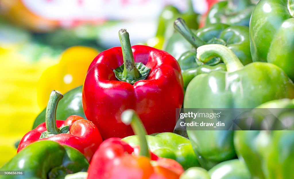 Green ,Red  and yellow sweet bell peppers natural background.