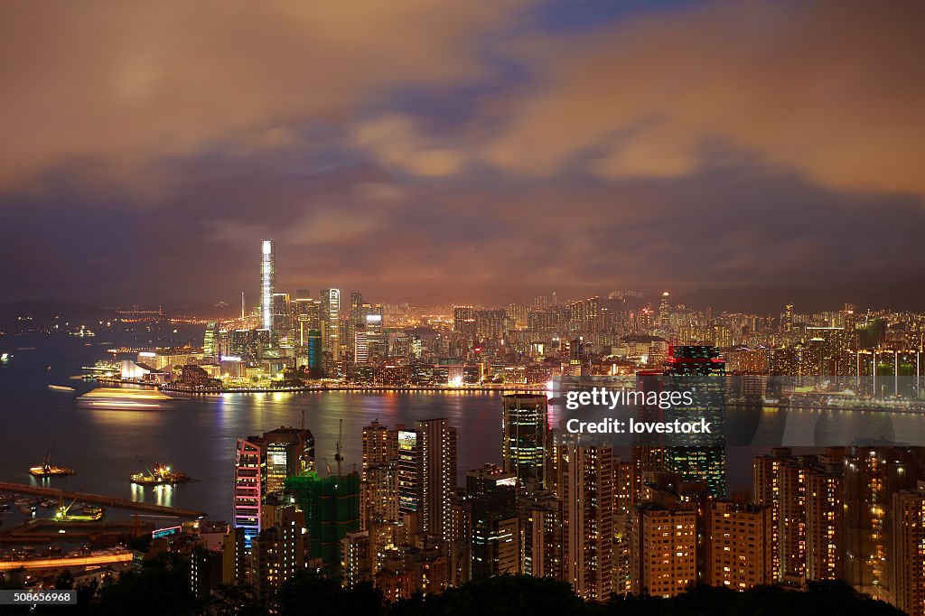 Bird's-eye view at Hong Kong Victoria Harbour of skyline