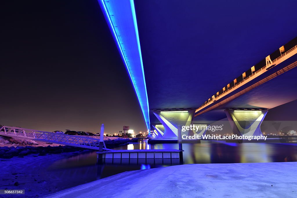 Garhoud Bridge from base at night with long exposure, Dubai