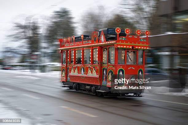 Christmas train - tram in motion in Zurich, Switzerland.