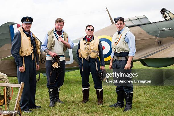 Kent, Headcorn Military Airshow, men taking part in history re-enactment of Second World War, dressed up as Battle of Britain Fighter Pilots,...